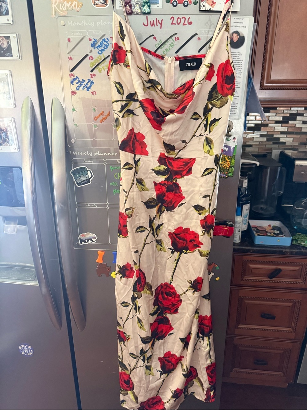 Cider Cream Maxi Slip Dress with Red Rose Print